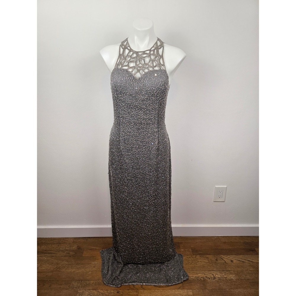 Scala Womens Vintage Silver Grey Beaded Silk Lattice Back Evening Gown Dress L